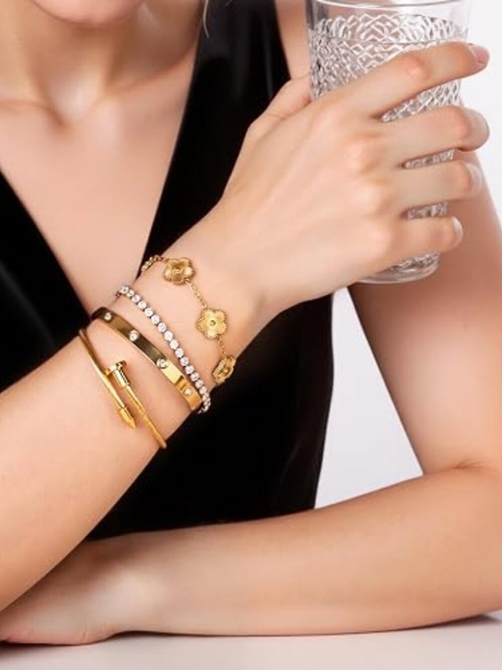 18K Gold Plated Stackable Bangle Bracelet Set for Women – Floral & Tennis